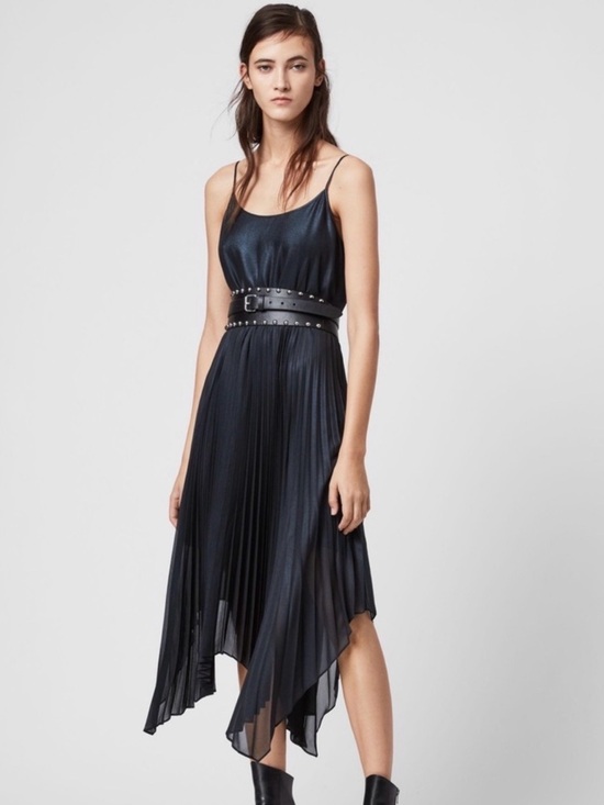 All Saints Lerin Women Black Asymmetric Midi Maxi Dress Size M Pleated Metallic - Picture 3 of 14